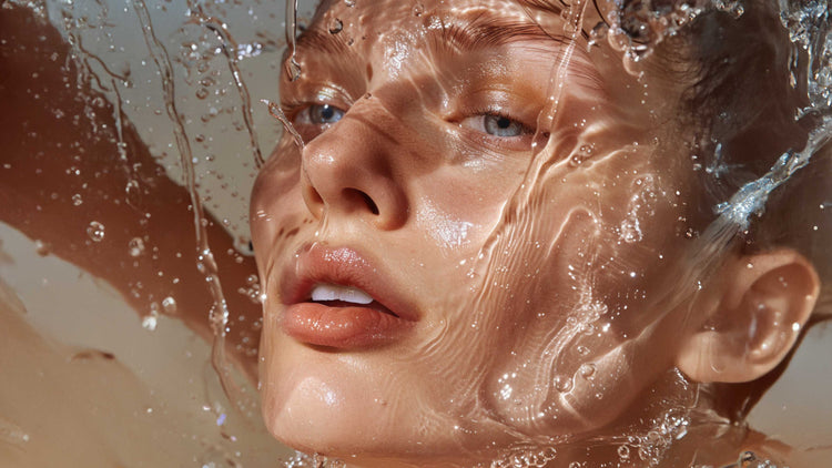 visage aspergé d'eau lors d'un soin nettoyant et hydratant 