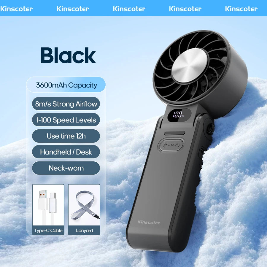 KINSCOTER ventilateur portatif pliable extérieur Mini refroidissement Rechargeable 3600 mAh 100 niveaux contrôle gratuit ventilateur Turbo haute vitesse