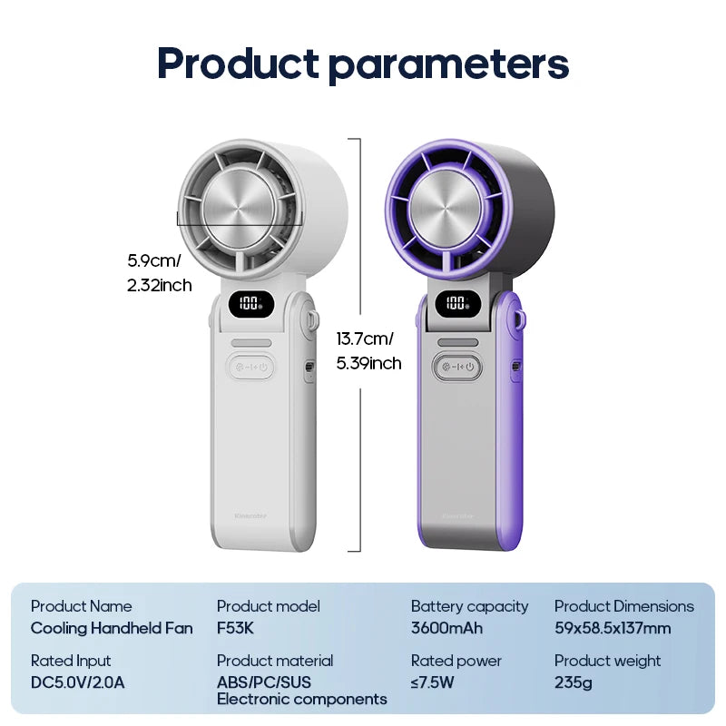 KINSCOTER ventilateur portatif pliable extérieur Mini refroidissement Rechargeable 3600 mAh 100 niveaux contrôle gratuit ventilateur Turbo haute vitesse