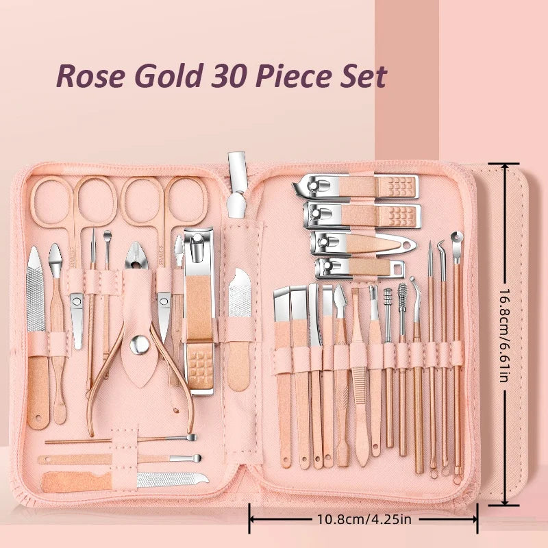 Ensemble de manucure 30 en 1, Kit de coupe-ongles pour femmes et hommes, Kit de manucure professionnel en acier inoxydable avec étui de voyage
